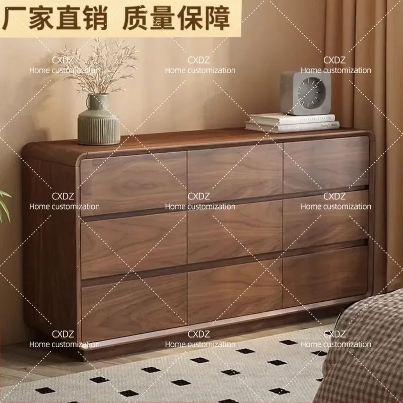 Solid Wood Nine Drawer Chest Bedroom Wall Storage Cabinet Retro Light Luxury Walnut Five Bucket Bedside Locker Organizer