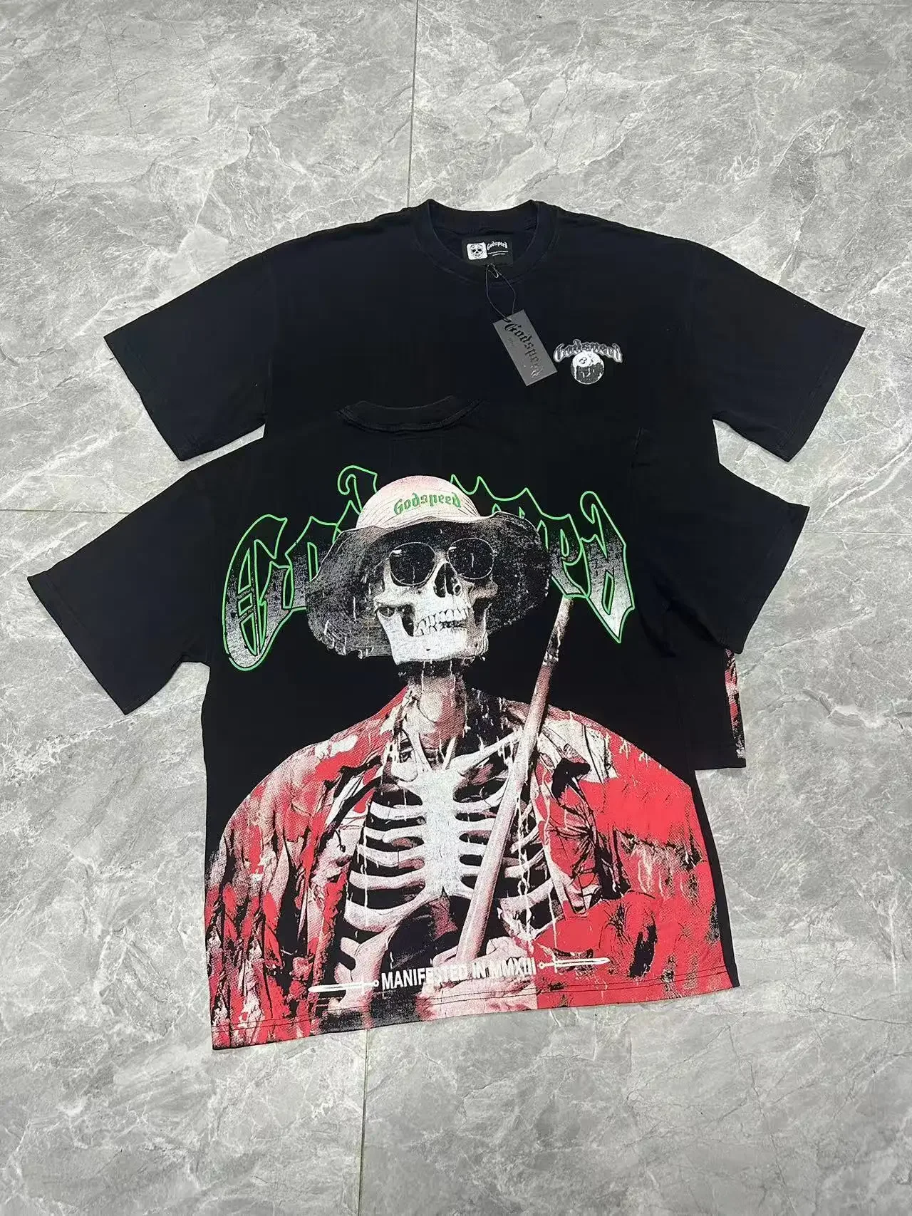 

New 2025ss Godspeed Black Tshirt American High Street Hip Hop Trendy Brand Blue Summer Casual Loose Skull Print Cotton 100%
