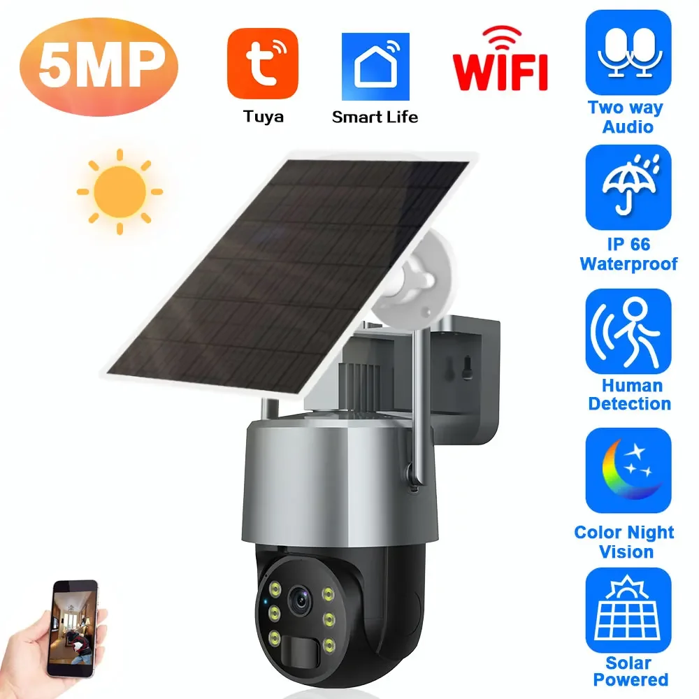 Tuya Solar Wifi PTZ Security Camera Outdoor 5MP Color Night Vision Battery Powered Wireless CCTV Surveillance Camera Smart Life