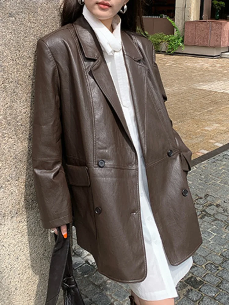 ZMEENNA Women's Vintage Faux Leather Blazer Jacket Brown Lapel Collar Outerwear Button Down Oversized Coat For Fall ZM3759