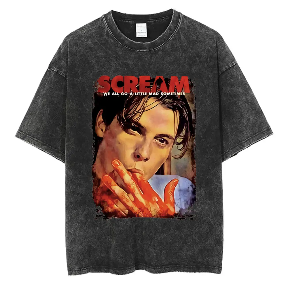 90s Horror Movie Scream Washed Vintage T-shirt Billy Loomis We All Go A Little Mad Billy Halloween T-shirts Men Gothic T Shirts