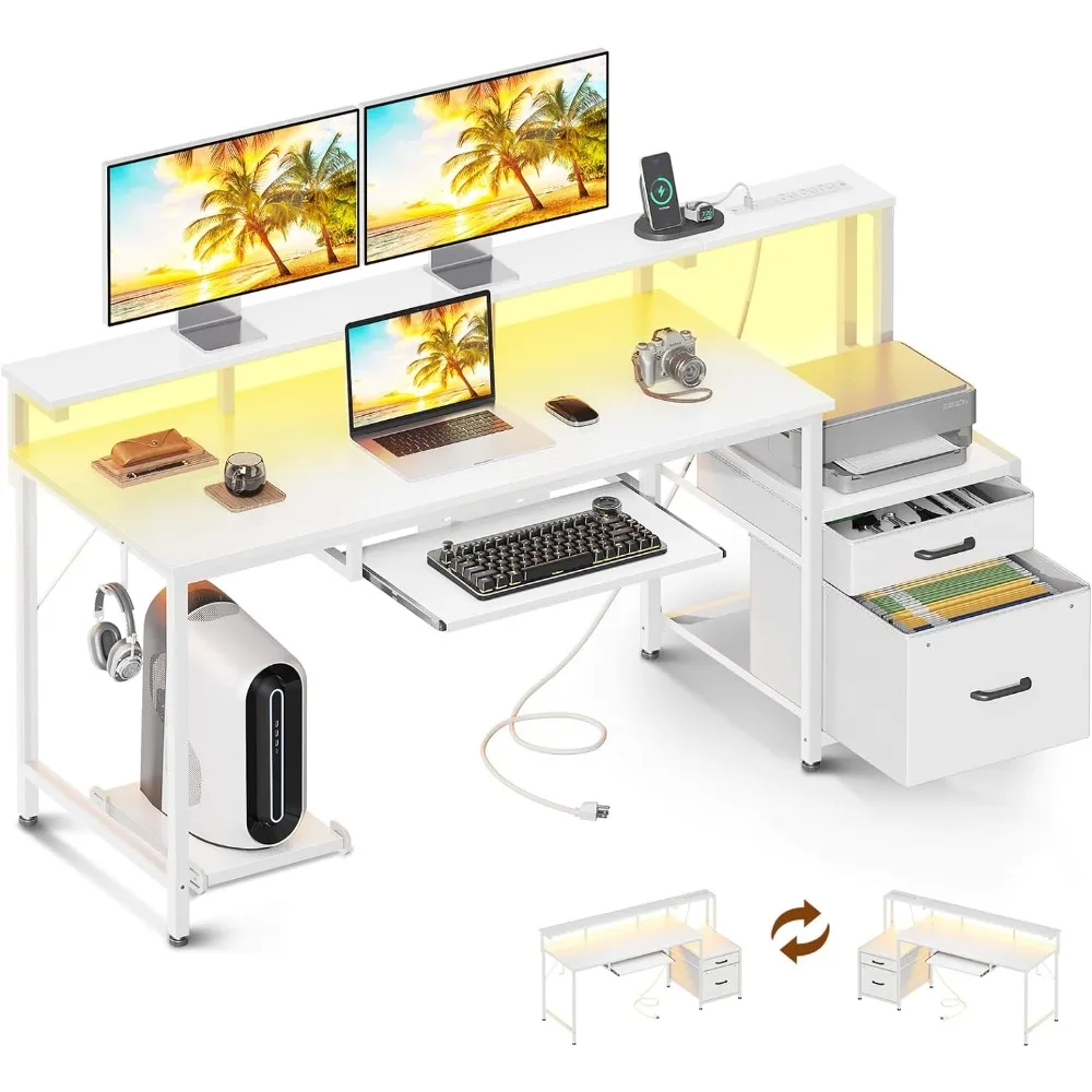 63 Inch Computer Desk with Power Outlet and LED Light, Reversible Office Desk with File Cabinet and Drawer