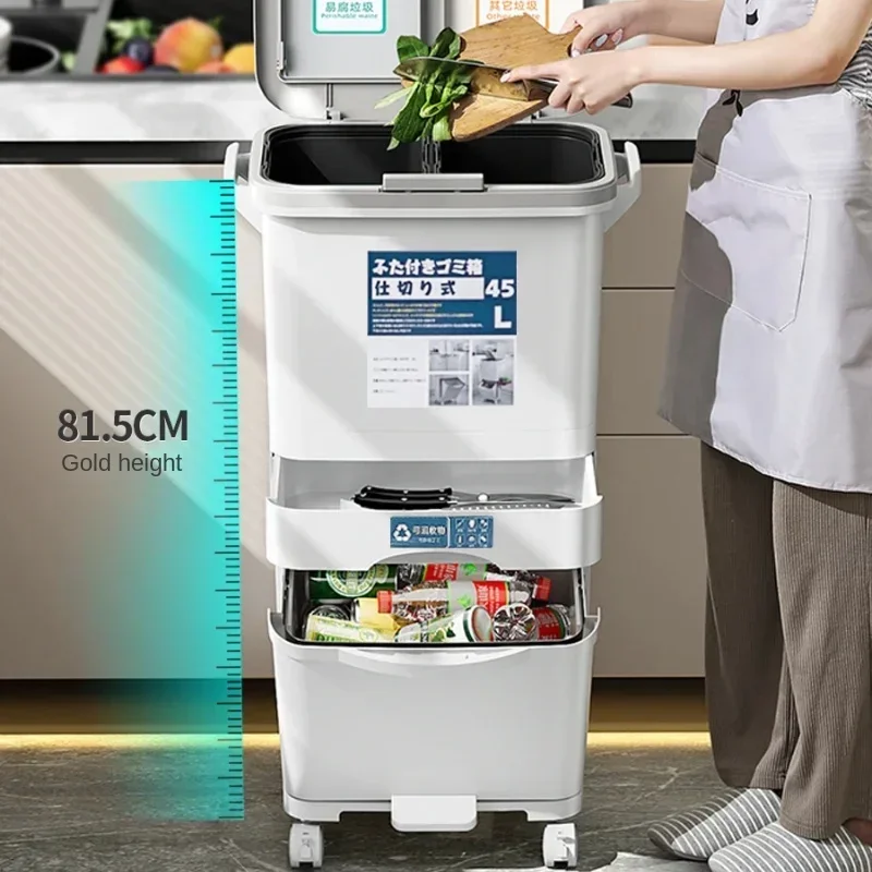 Japanese-Style Removable Trash Can, Double-Layer Large Capacity with Lid Kitchen Garbage Separation Bin, Modern Waste Management