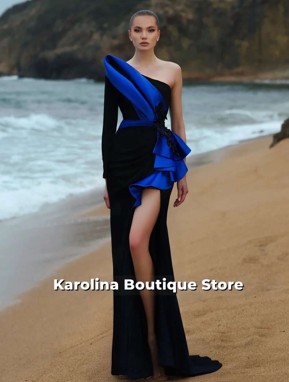 

Royal Blue Ruched Black One Shoulder Dubai Evening Dresses Mermaid Crystal Luxury Dress Woman 2025 robes de soirée Customized