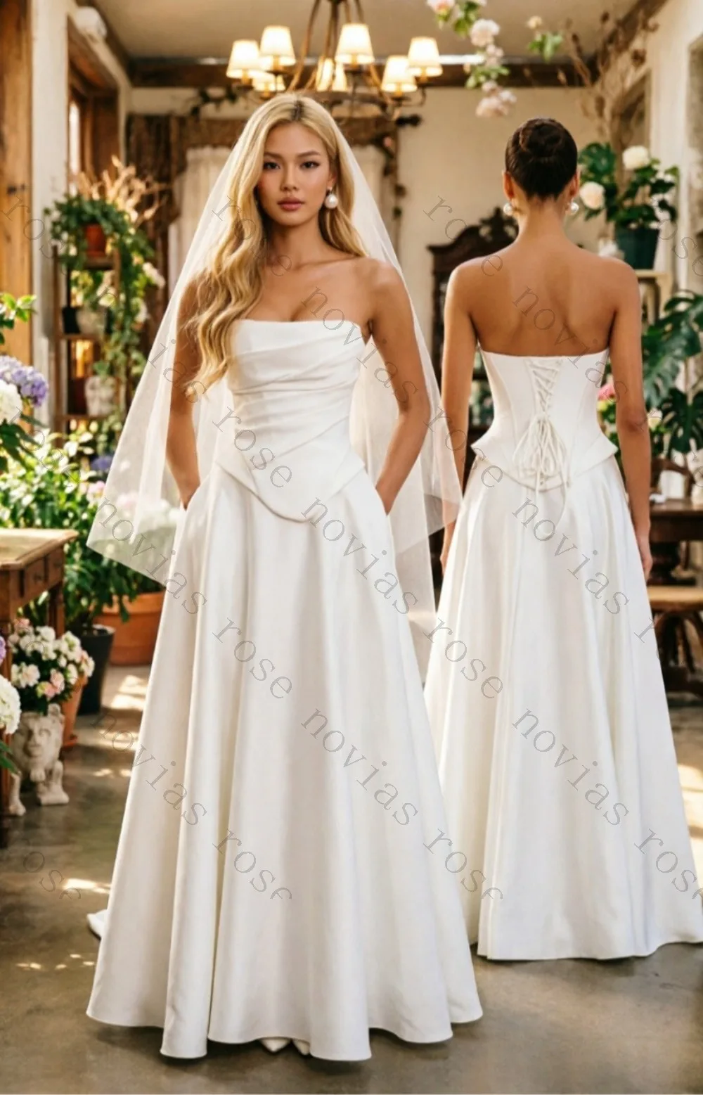 Customized Strapless Ruched Satin with Pockets Fold Waist Design Floor Length Simple Elegant Bridal Gown for Wedding Ceremony
