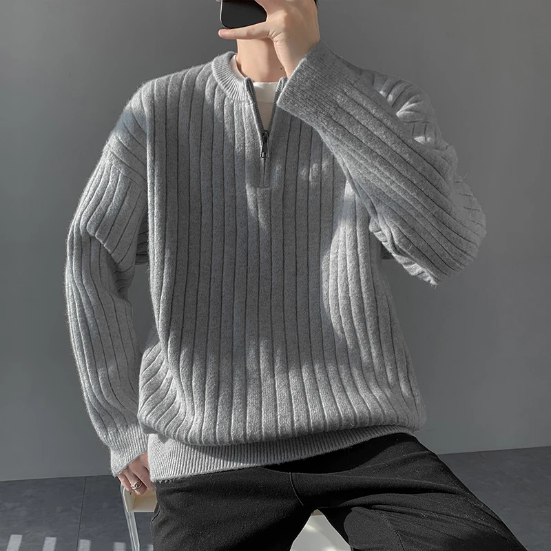 

Autumn Winter Half Zipper Knitted Jacquard Sweater Men Korean Loose Casual Knit Pullovers Sweaters Social Versatile Streetwear