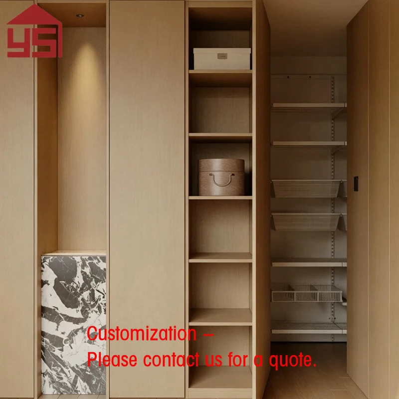 

custom.Oak Wood Storage Cabinet with Built-in Lighting and Marble Accent Bedroom Linen & Sundry Organization