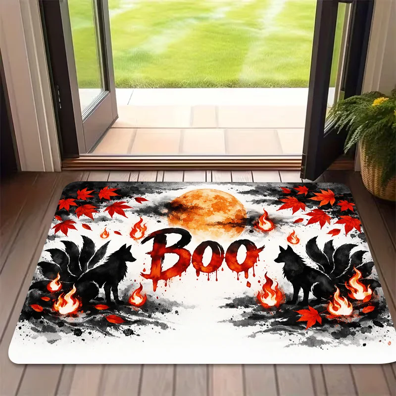 Unwelcome Halloween Bat Door Mat Rectangle Non-Slip Rug Vintage Spooky Red Black Carpet for Home Entrance Porch Decor