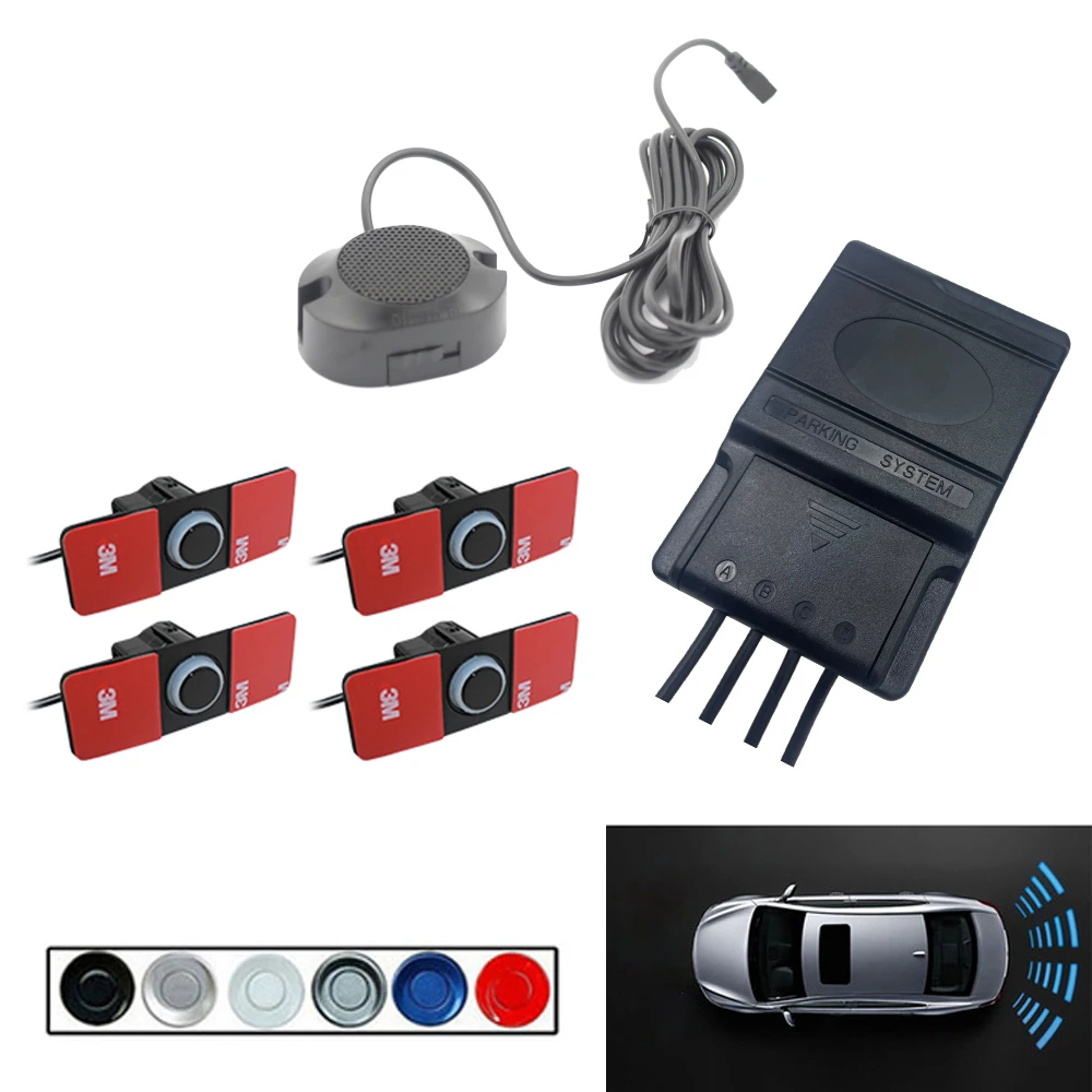 Car Parking Sensor Assistant Park tronics 4 Black/Silver/White 13 mm Flat Sensors Reverse Radar Sound Buzzer Alarm Sound