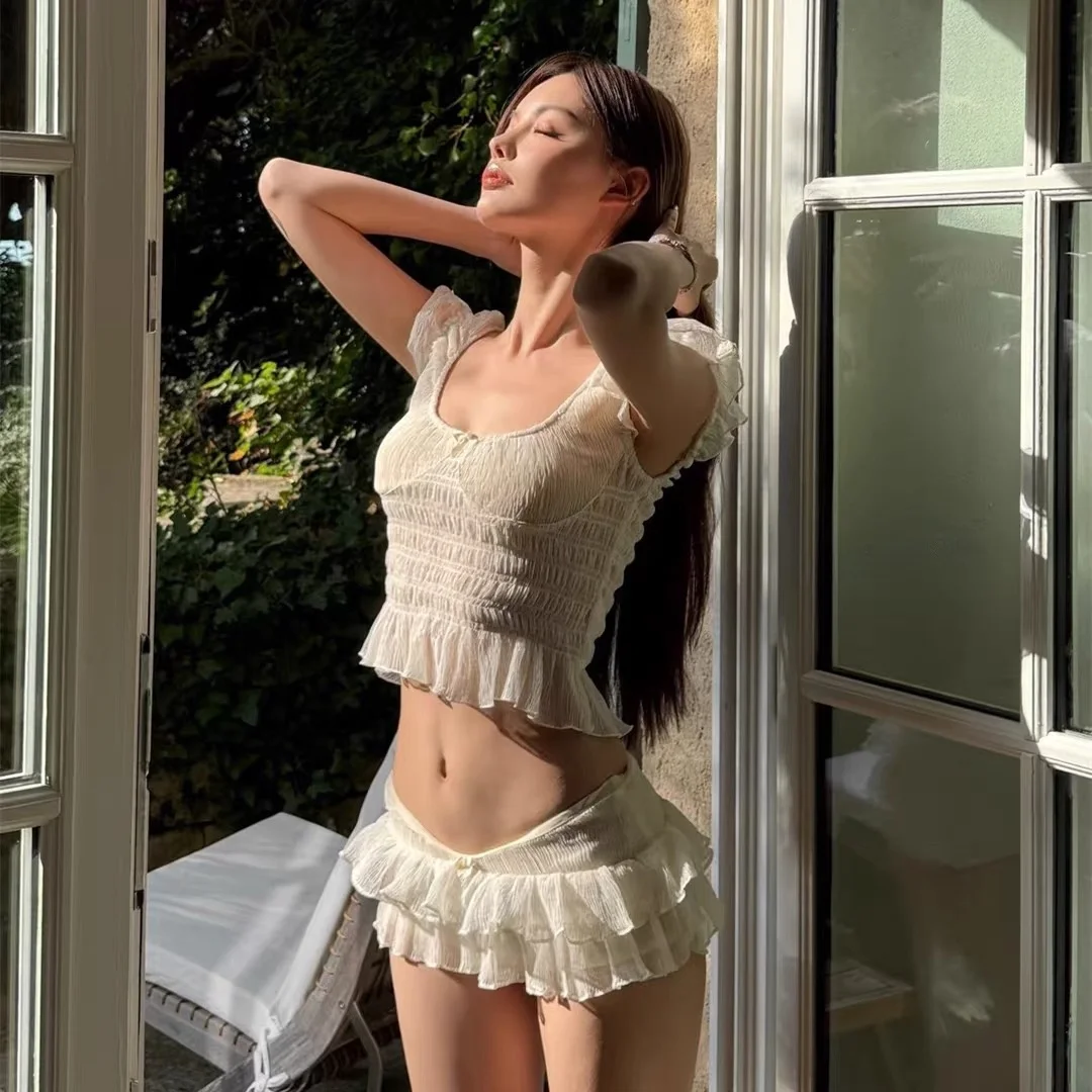 Pure Desire Sexy White Bikini Cake Skirt Swimwear Women's One Shoulder Pleated Small Chest Hot Spring Vacation Swimwear