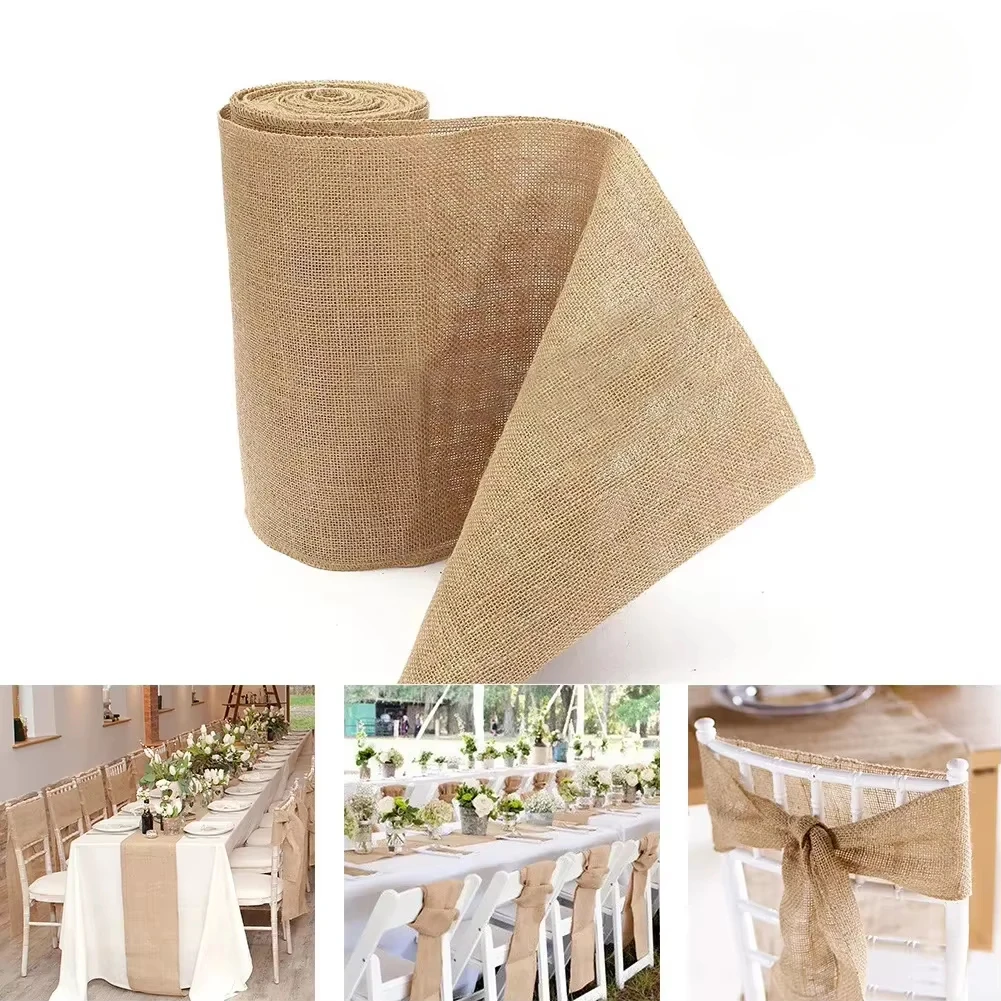 

30cm Width Jute Linen Vintage Natural Table Runner Burlap Rustic Khaki Party Country Wedding Decoration Chair Decor