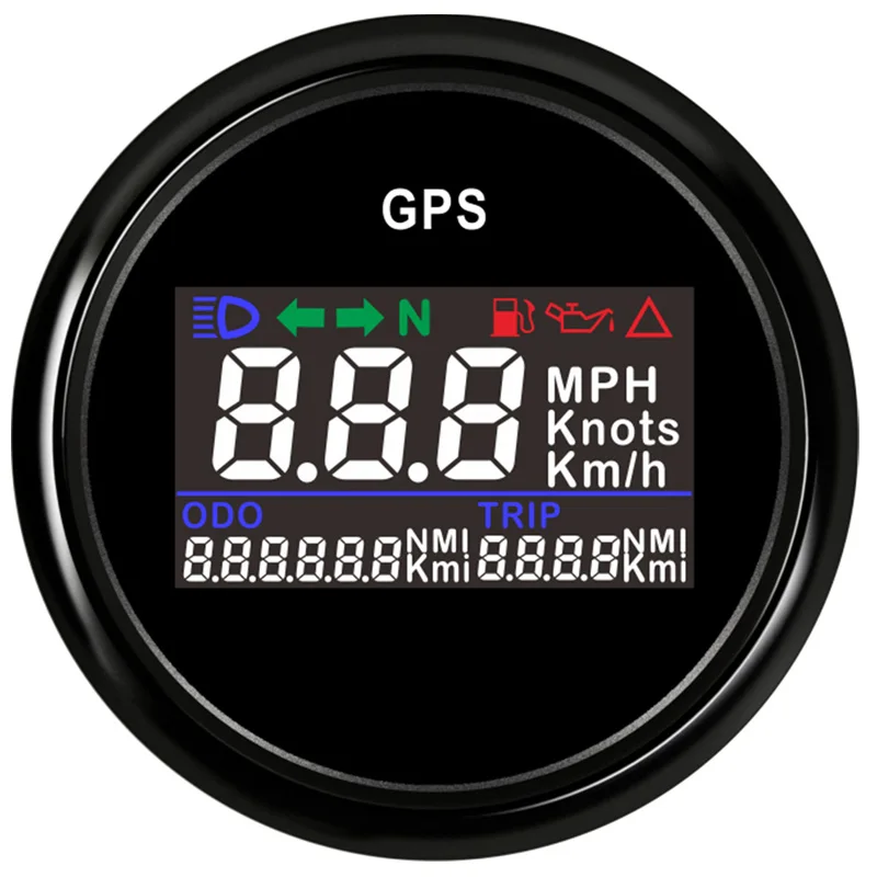 

Новый стиль, 52 мм, цифровой GPS-спидометр, 0-999 миль в час, узлы Km/H, одометры, счетчики с функцией сигнализации давления топливного масла и сбоя