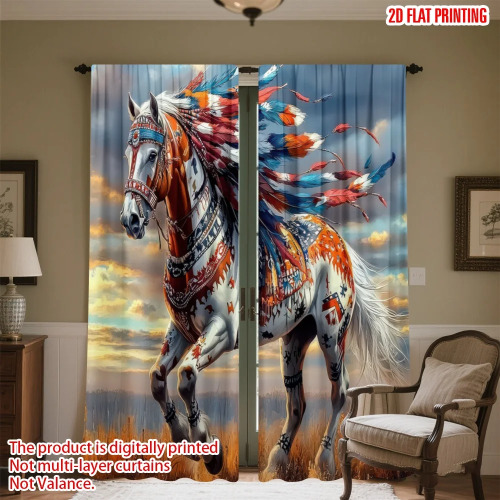 

2D flat printing 2pcs Scene Curtains Colorful Painted Horse Digital Printed Polyester Drapes Family Party Decoration Use for