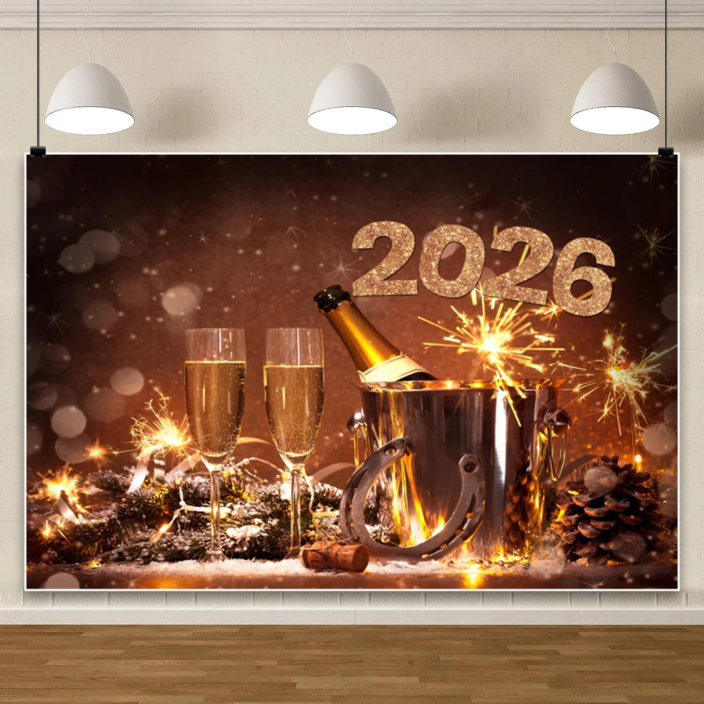 Fondo de Feliz Año Nuevo para fotografía 2026 fiesta de Nochevieja relojes con purpurina dorada champán fondos de Navidad accesorios para disparar