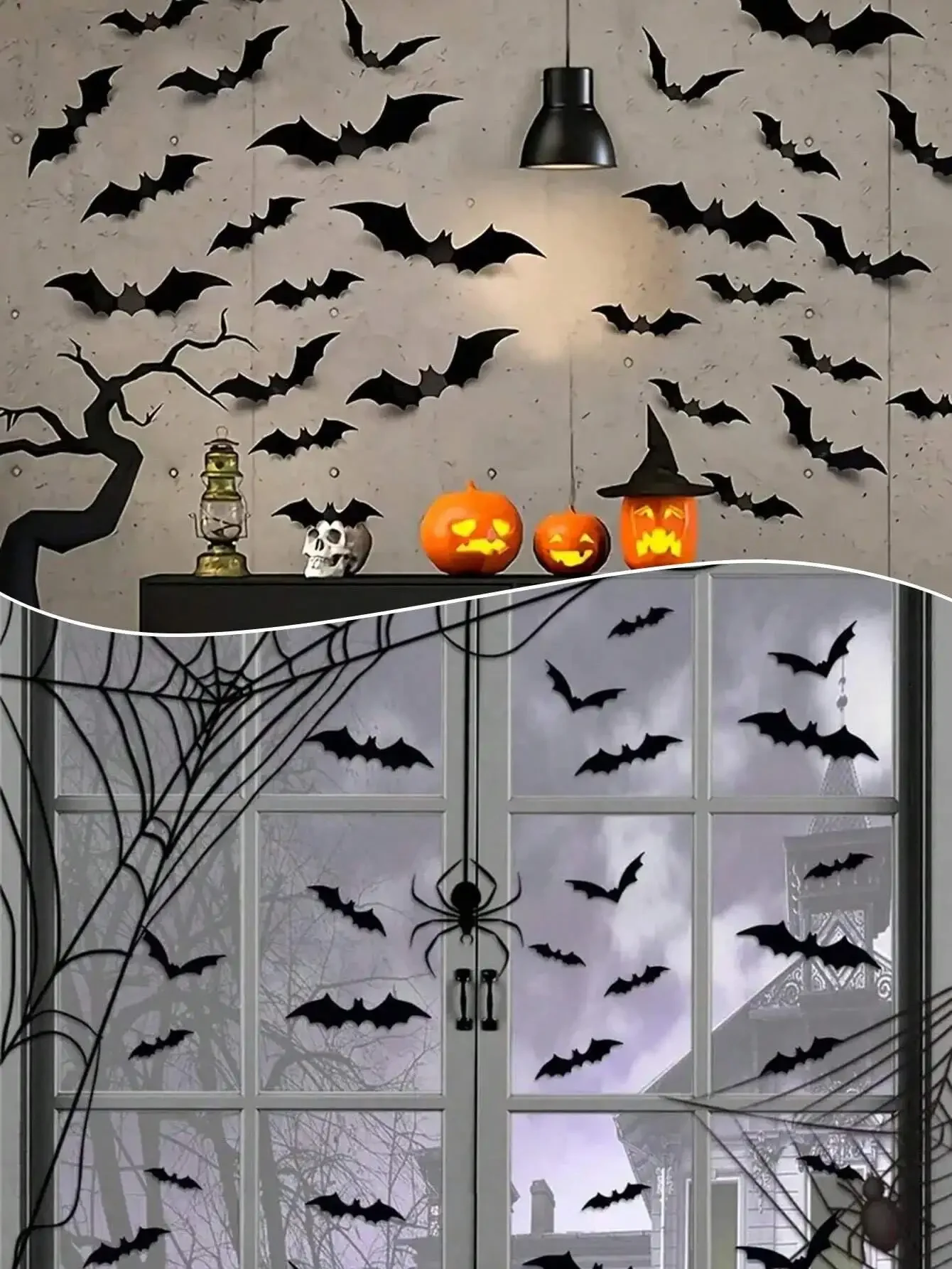 96/60/48/16 PCS 3D Bat Decor, 4 Sizes Reusable 3D Bat Stickers, Halloween Wall Decals Bathroom, Bar, Office, Indoor & Outdoor Party Supplies, With Black Hanging Witch Hat & Wizard Witch Decoration Accessories Yard, Porch & Home Decor