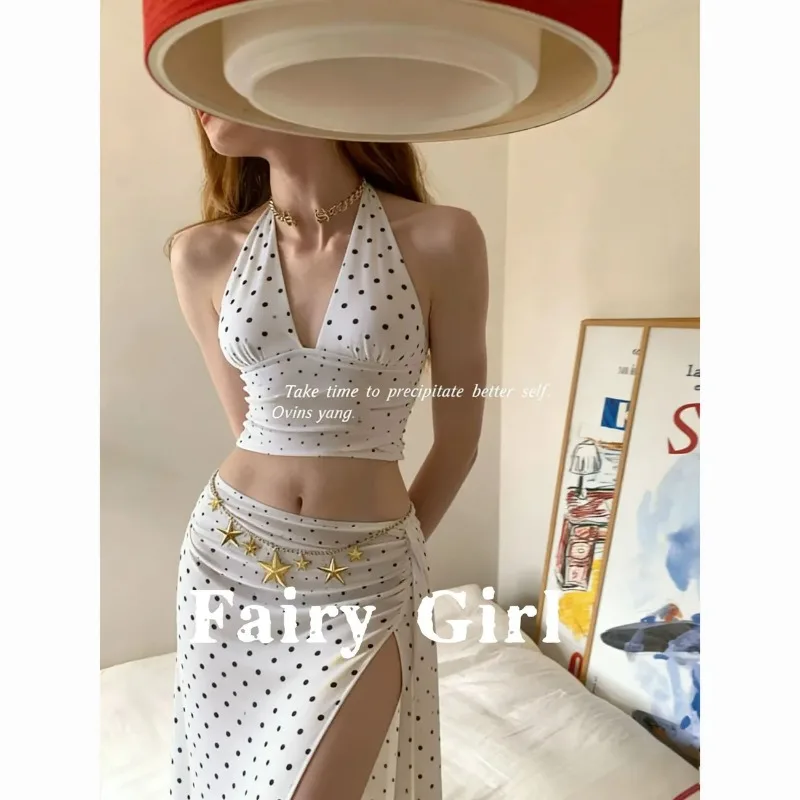 

Womens French Polka Dot Halter Two Piece Set Ruched Crop Top High Split Skirt Beach Vacation Swim Outfit
