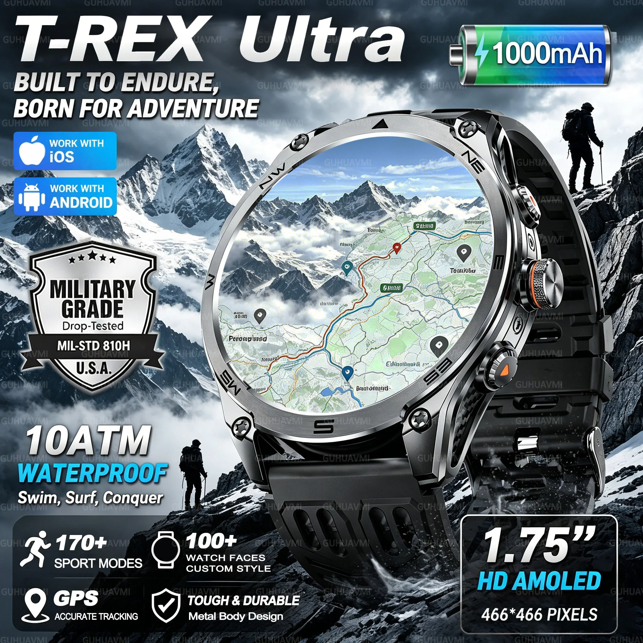 2026 HOT New Military Smart Watch Built in GPS Compass 10ATM