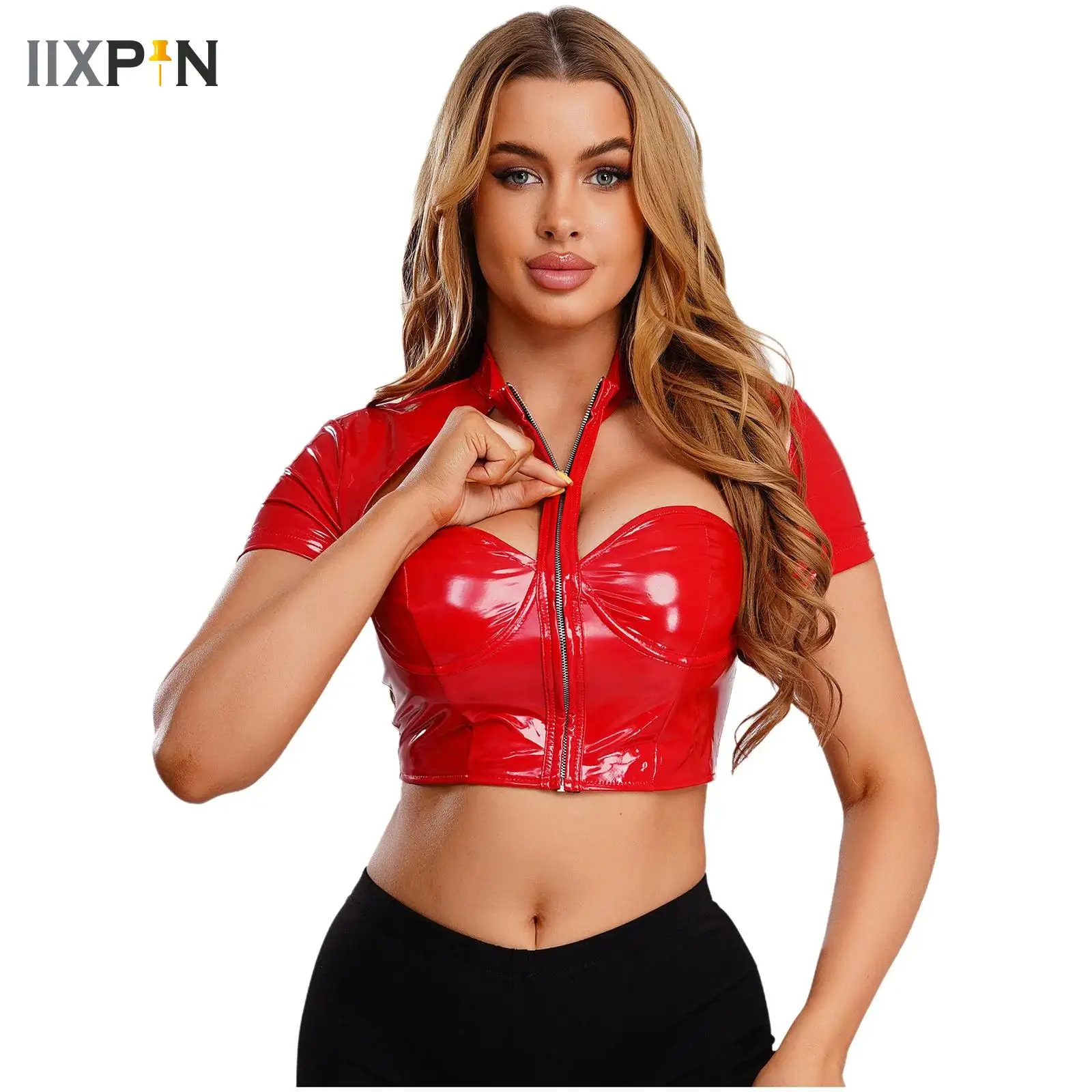 Womens Cutout Back Zipper Skinny Lingerie Cropped Top Bar Disco Clubwear Short Sleeve Patent Leather Front Zipper Crop T-shirts