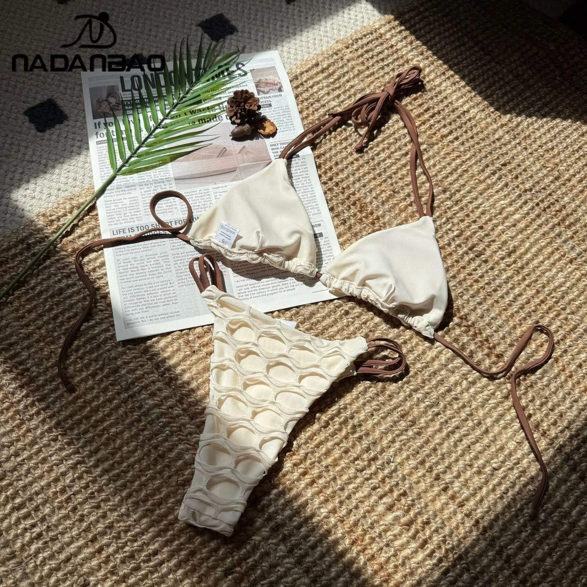 Nadanbao Sexy Backless Mesh Stitching Bikini Set for Women Drawstring Strap Split Swimsuit Lady Apricot Black Triangle Swimwear