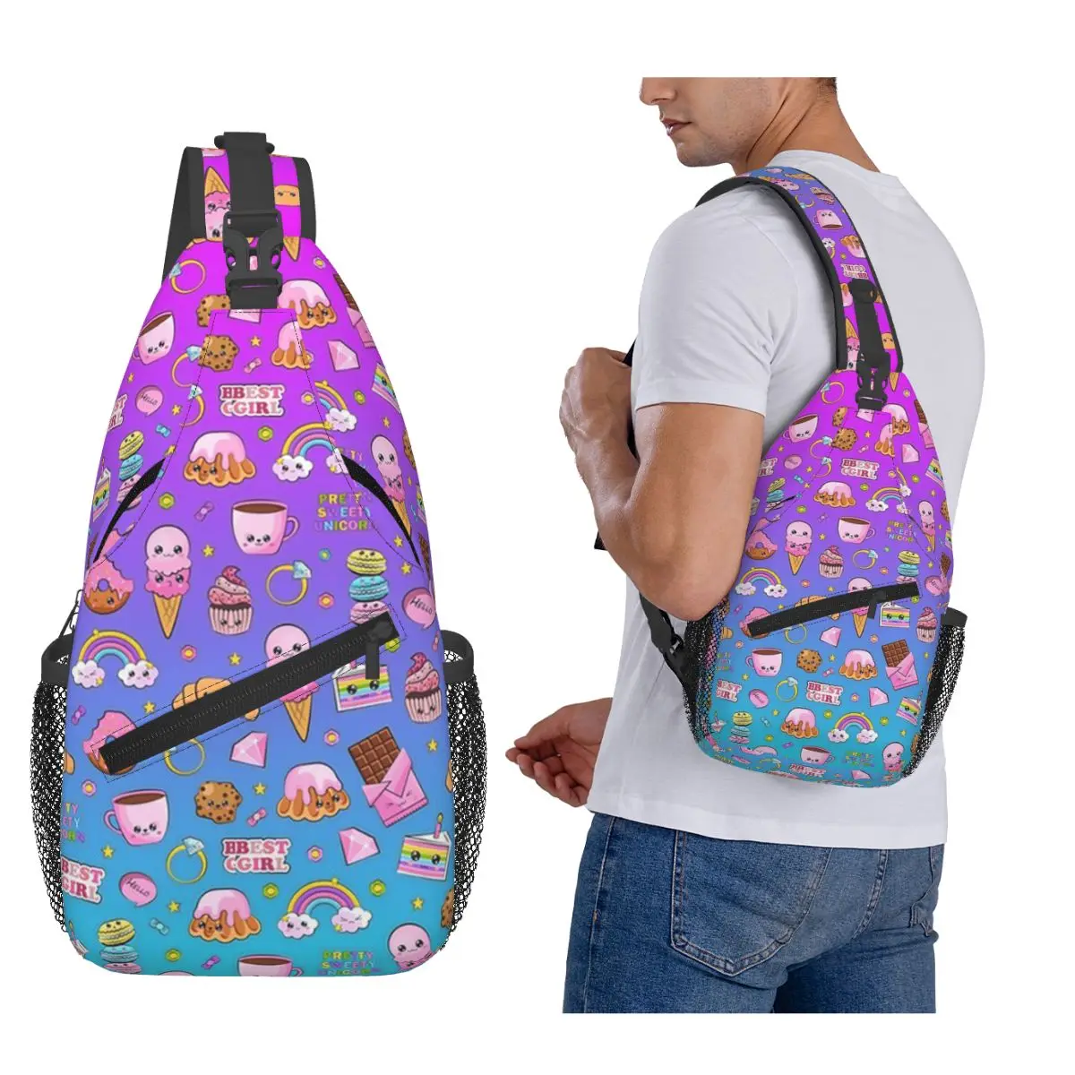 

Kawaii Candy Pattern Chest Bag Men Sling Crossbody Backpack Chest Bag Travel Hiking Daypack Shoulder Bag