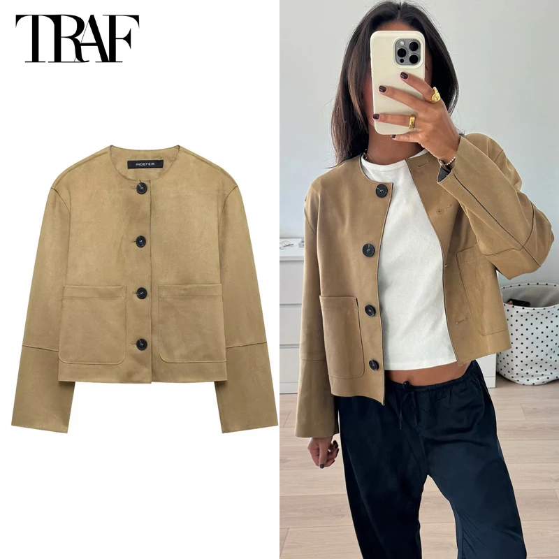 TRAF 2024 Suede Jacket Women Varsity Bomber Jackets for Women New in Coats and Jackets Woman Long Sleeve Women\'s Winter Jacket