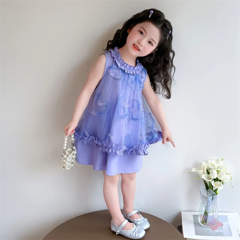 Girls Summer Ruffle Neckline Mesh Sundress  Fashion Purple Heart Pattern Baby Sleeveless Vest Dress A Line Beach Holiday Wear