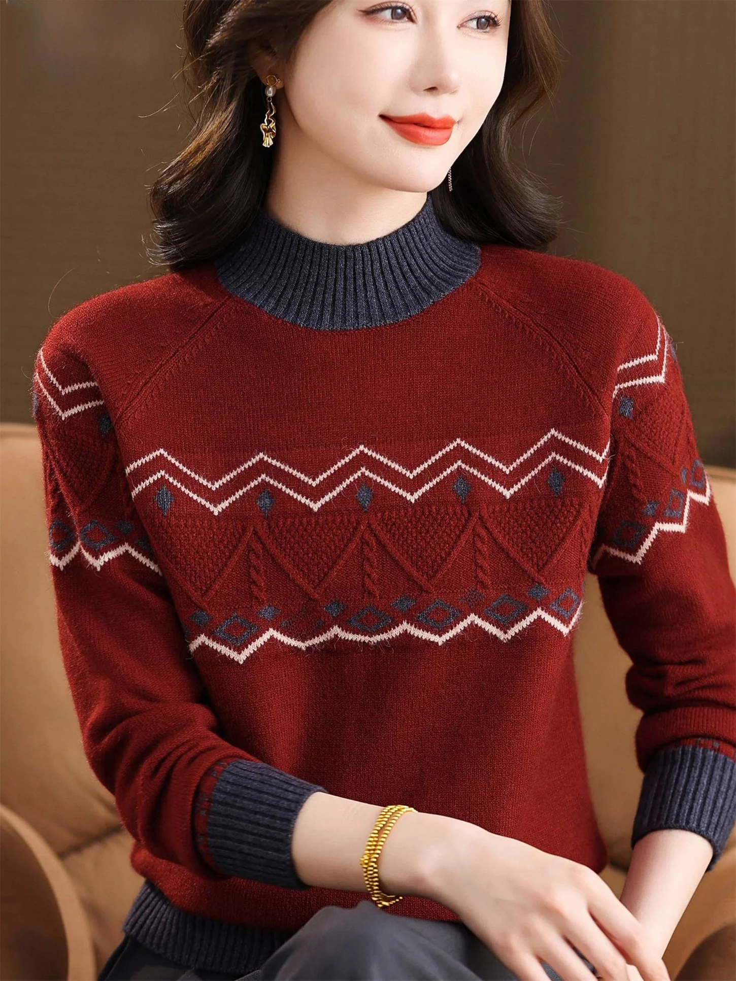 

Autumn Winter New Sle Mommy Woolen Sweater Casual Warmth Neline Floral Embroidery Top for Middle-Aged And ly Women
