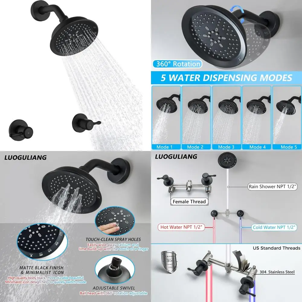 

Wall-Mounted Dual-Knob Shower System with 5-Mode Rainfall Head and Shower Faucet Trim for Modern Bathrooms