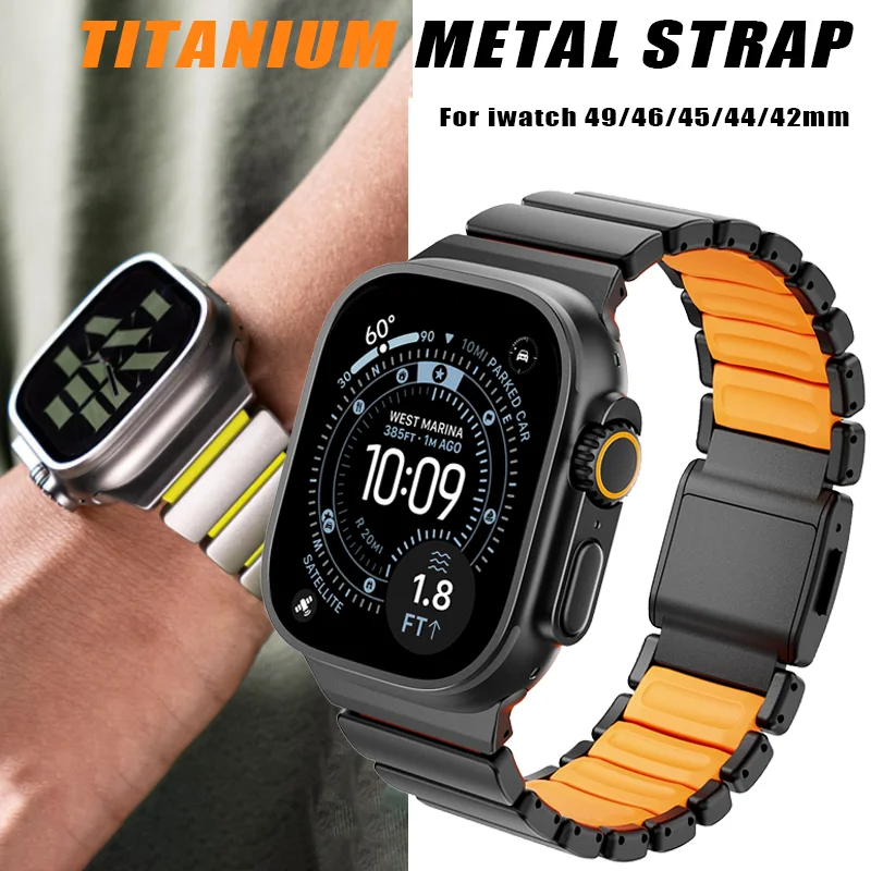 

Luxury Titanium Rubber Strap for Apple Watch Ultra 3 2 1 49mm 10 11 46mm Magnetic Band for Iwatch Series 9 8 7 45mm 6 SE 3 44mm