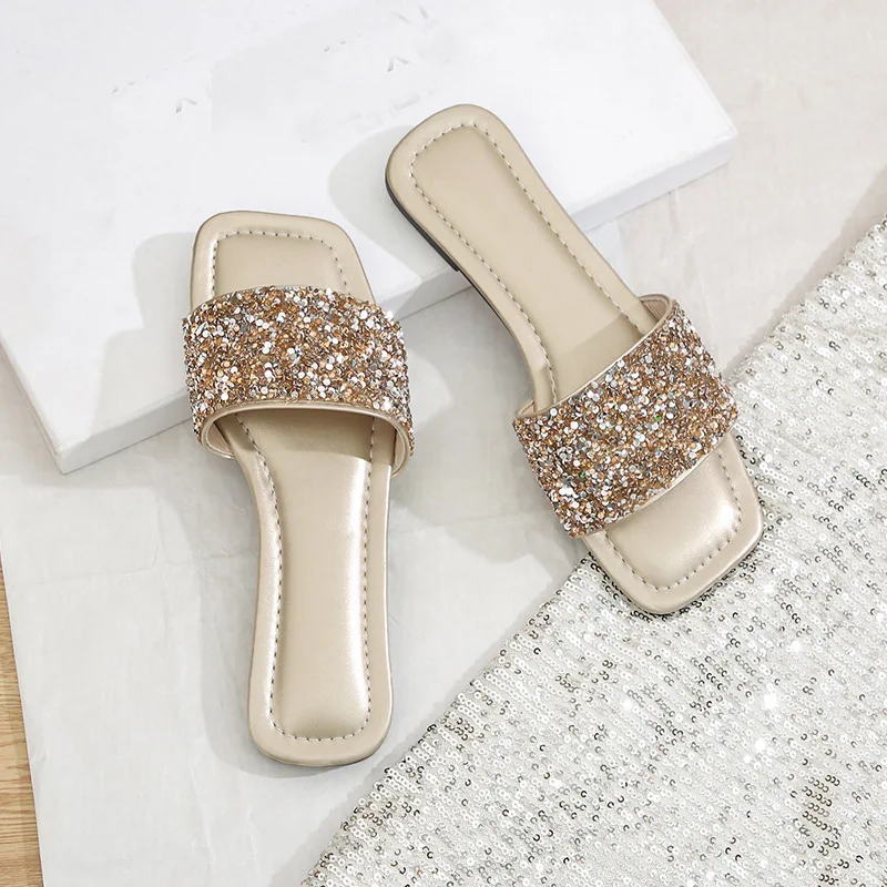 

Women Fashion Rhinestone Open Toe Slide Sandals Flat Summer Shoes for Beach Travel Streetwea Daily Wear Outdoor Zapatos De Mujer