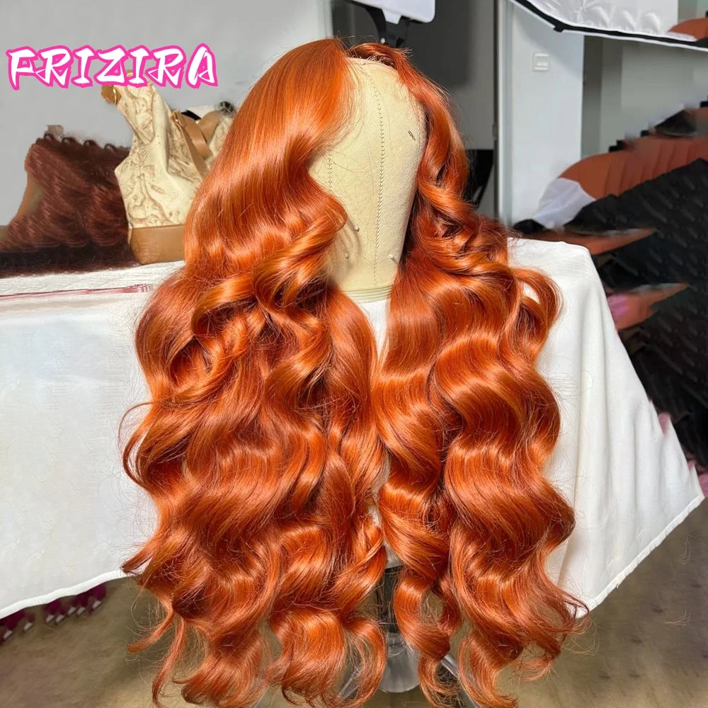 cabello humano de la peluca del frente del cordón de la onda 13x6 HD del cuerpo naranja del jengibre de la densidad 250% para las mujeres # 350 línea de cabello natural prearrancada de colores