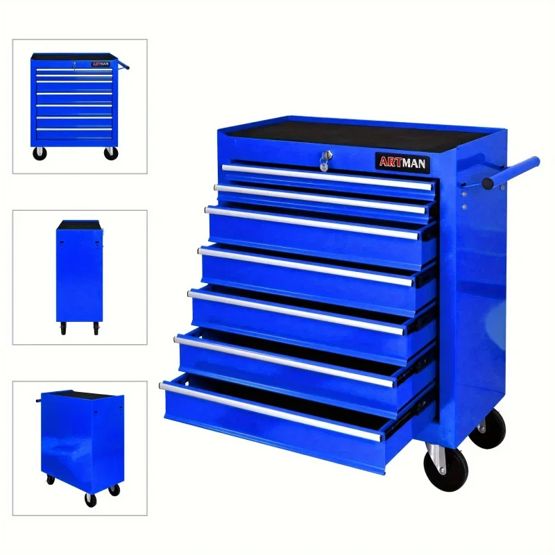 7 Drawers Blue Multifunctional Tool Trolley with Wheels, Auto Repair Tool Cart, Workshop Hardware Tool Cabinet