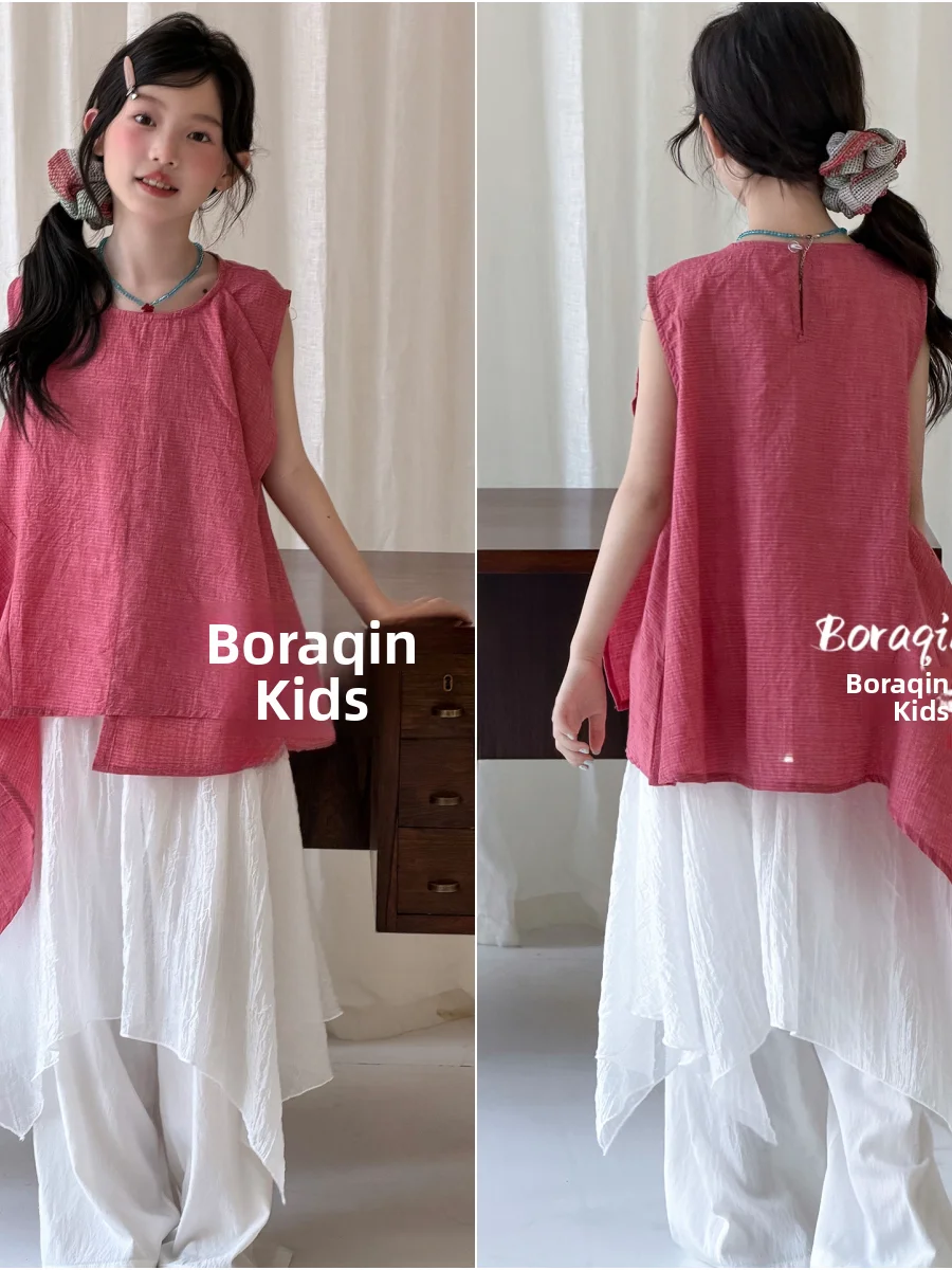 boraqin-korean-style-children's-set-summer-pure-color-sleeveless-vest-and-pants-unisex-kids-outfit-casual-comfortable-clothes