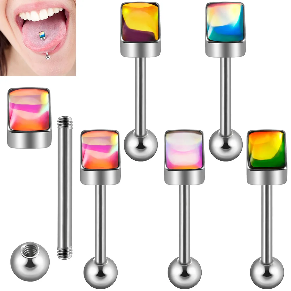 1PC Surgical Steel Rectangle Flash Film Tongue Studs Externally Threaded Ball Ear Cartilage Tragus Body Piercing Jewelry 14G