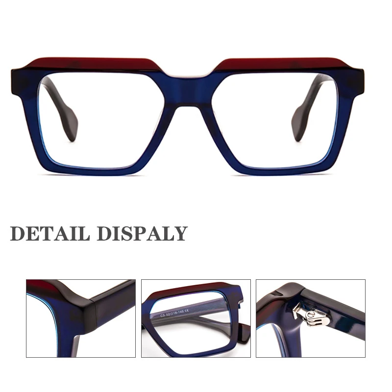

Luxury Color Block High Density Acetate Frame, Trendy Square Large Eyeglasses Unisex for Big Face Prescription Optical Glasses