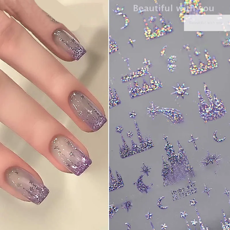 

Embossed Nail Stickers Colorful Starry Sky Moon Castle Nail Decoration Decals Diy Self Adhesive Transfer Slider