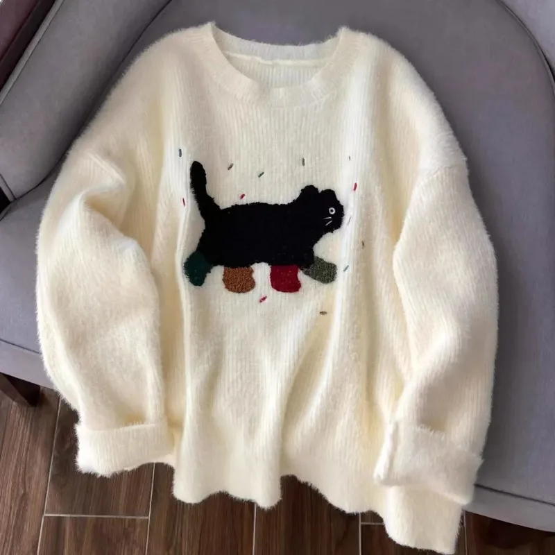 

Fashionable White Sweater for Women in Autumn and Winter Loose Embroidery Knitted Pullover Top Elegant Casual Versatile Pullover