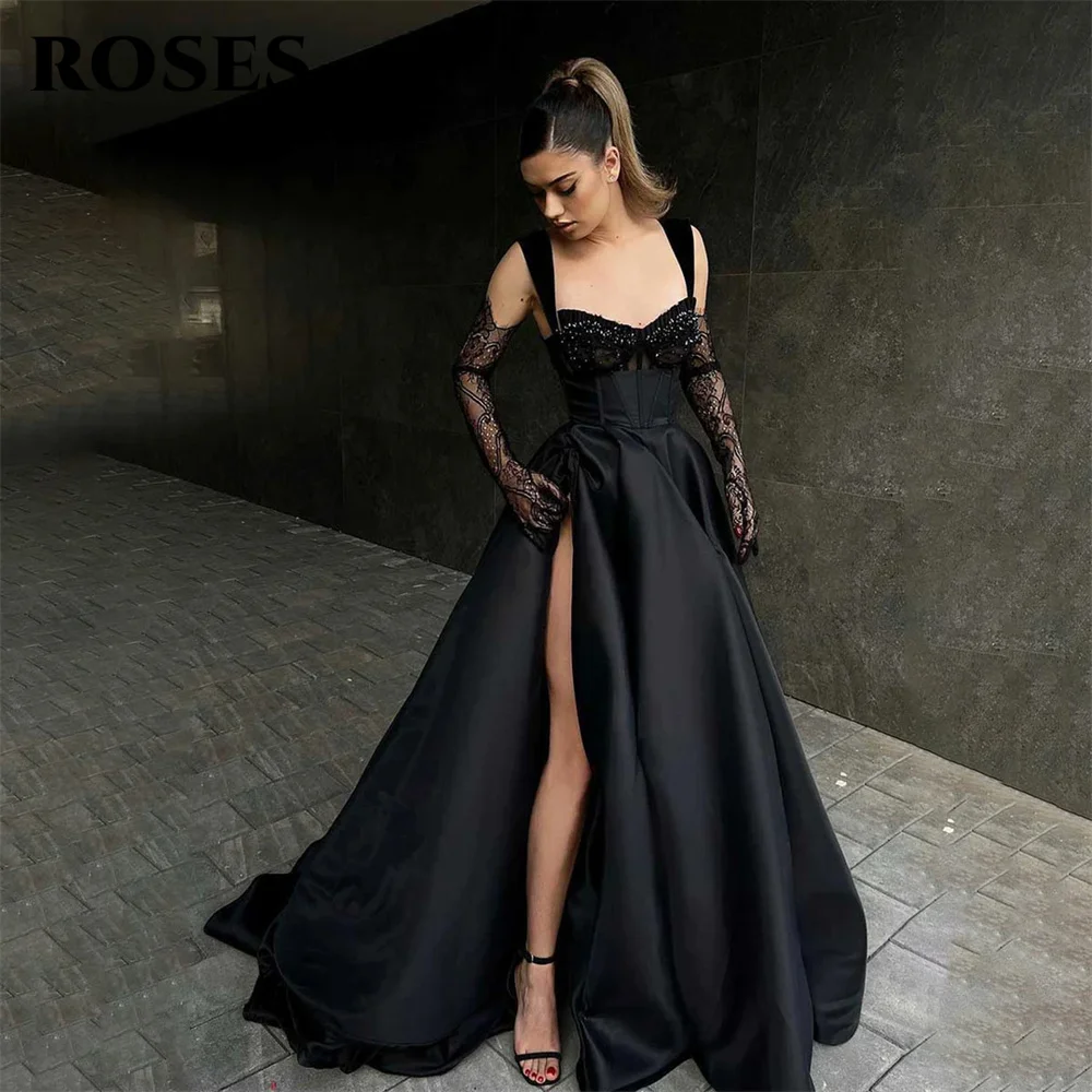 Rose Spaghetti Strap Black Prom Dresses Side Split A Line muslimatexlimah Lace Sweetheart Party Dresses Stain Evening Dresses