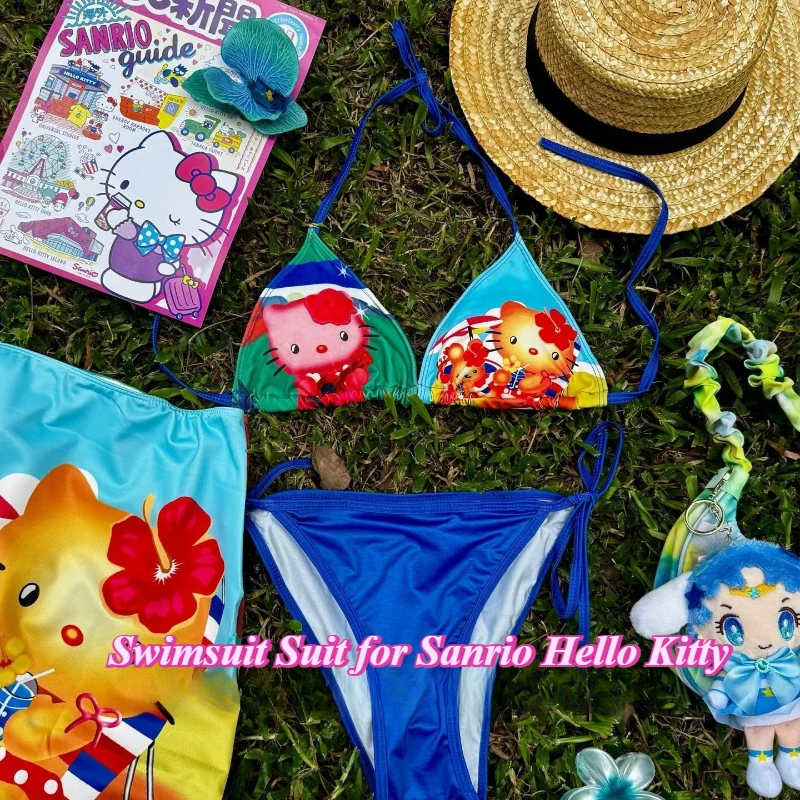 

Swimsuit Suit for Sanrio Hello Kitty Hawaii Pattern Women in Summer Kawaii Hot Girl Bikini Beach Wear Surfing Suit Dopamine S-xl