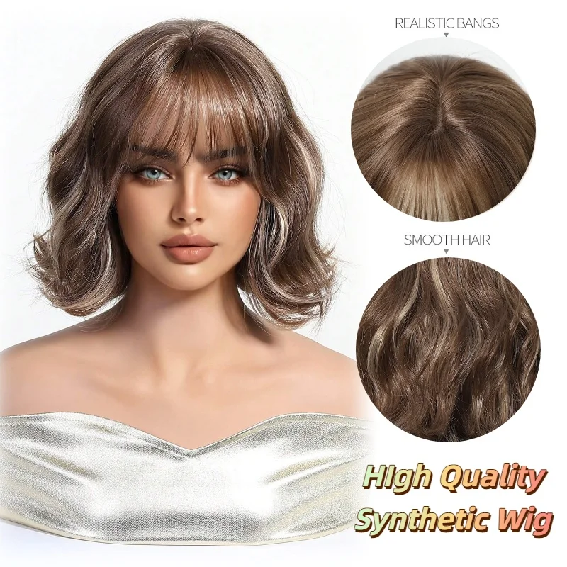 Brown With Blonde HIghlight Short Wavy Bob Wig with Bangs Heat Resistant Natural Synthetic Wig for Women Daily Party Cosplay