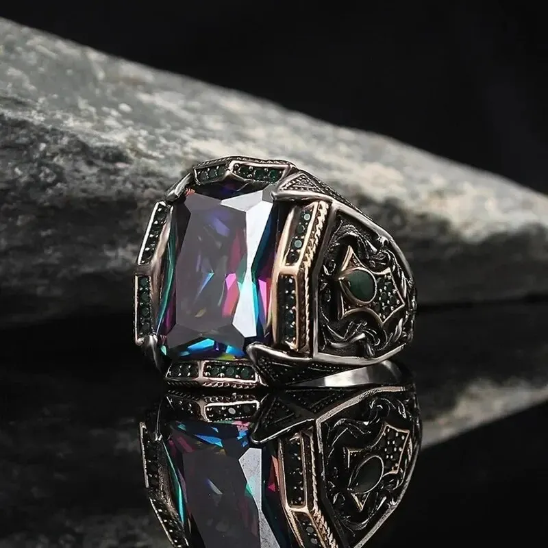Vintage Handmade Turkish Signet Ring For Men Women Ancient Silver Color Carved Ring Red Yellow Zircon Inlay Punk Motor Biker image 3