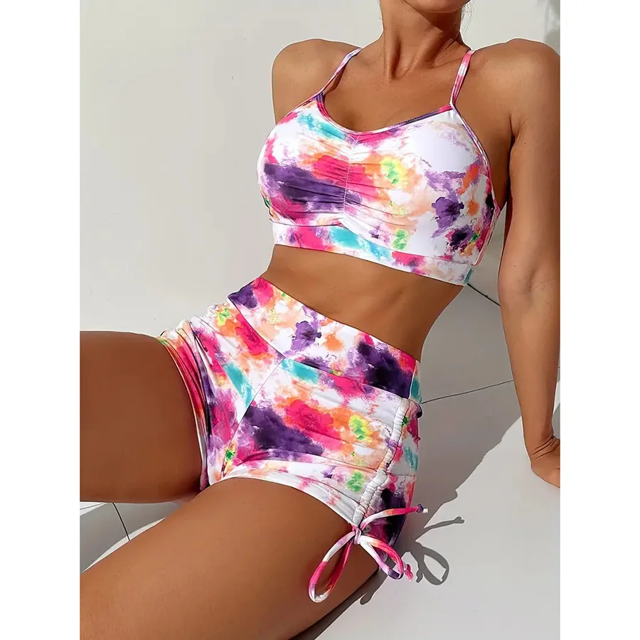 2025 Zomer Nieuwe Mode Kleur Tie Verven Gedrukt Vrouwen Grote Maat Badpak Set Hoge Taille Platte Hoek Broek Split Bikini