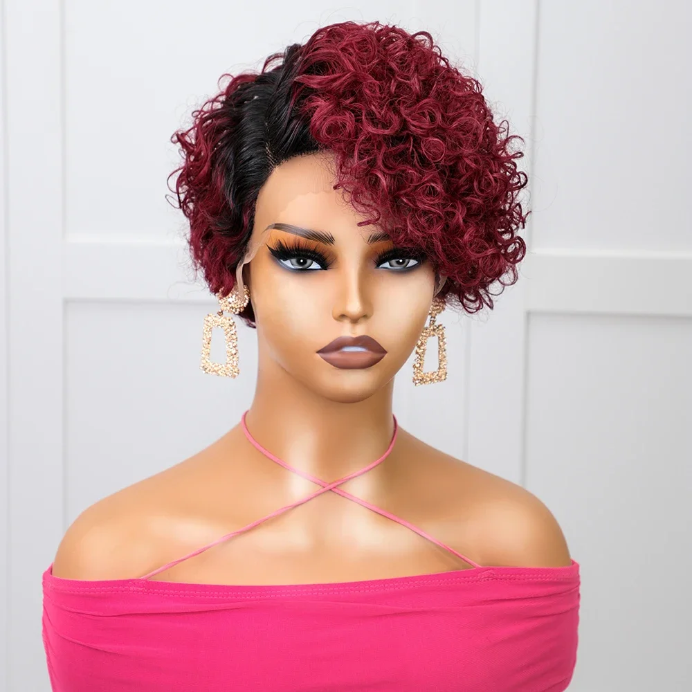 Burgundy 13x1 Short Curly Human Hair Bob Wig 99J Deep Wave Lace Front Human Hair Wigs Water Wave Wig Human Hair Ready to Wear