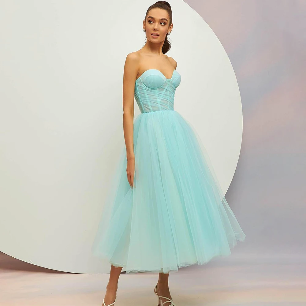 Mint Tulle Cocktail Dresses Sweetheart A Line Sleeveless Homecoming Dress for Youth Backless Tea Length Gradusation Gonws Midi