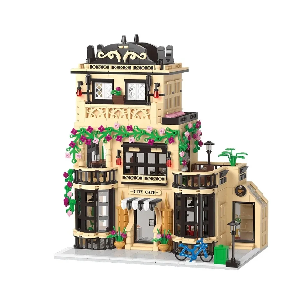 City Cafe Building Block Set, Coffee Shop City Street House Construction Toy for Adult & Teens 14+,1413pcs Mini Bricks with LED