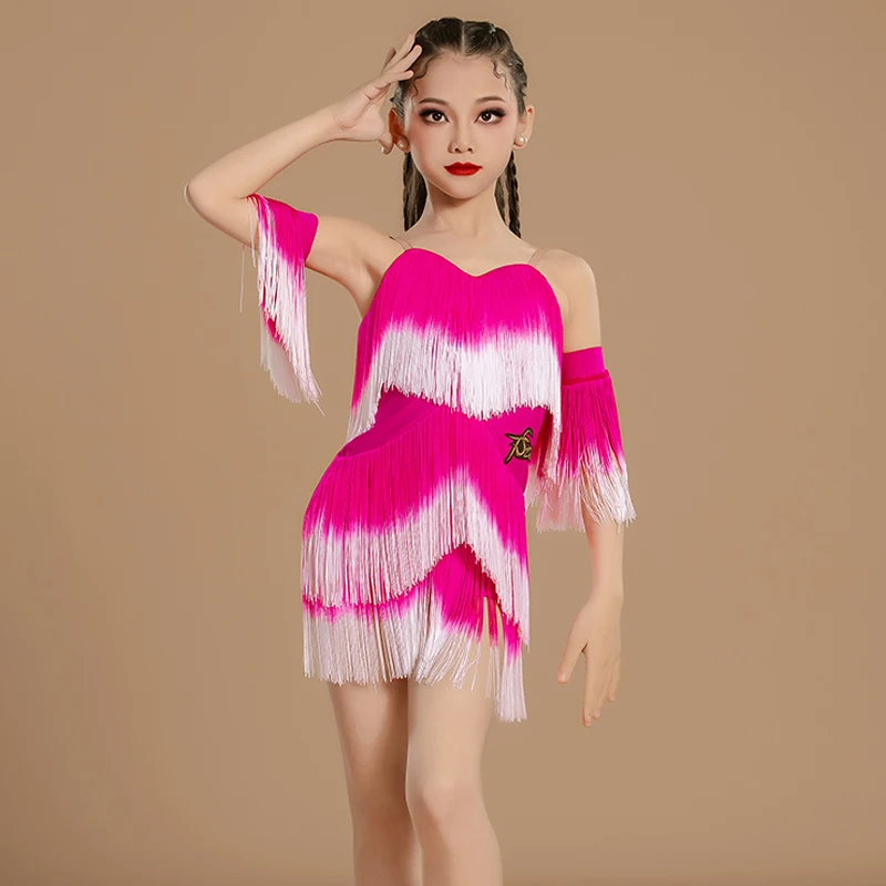 Abito da ballo con frange piene sfumate Ragazze Chacha Ballo latino Nappe Abiti Costume da ballo per bambini SL12316