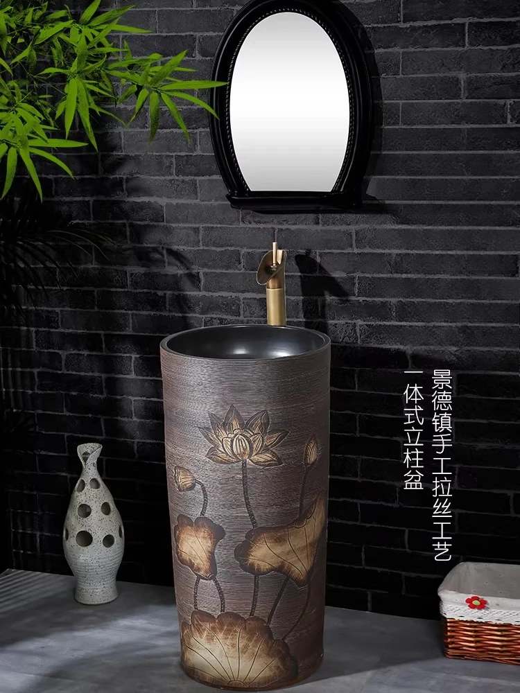 

Ретро-керамическая раковина-колонна без отверстия для смесителя, цельная, для балкона и двора