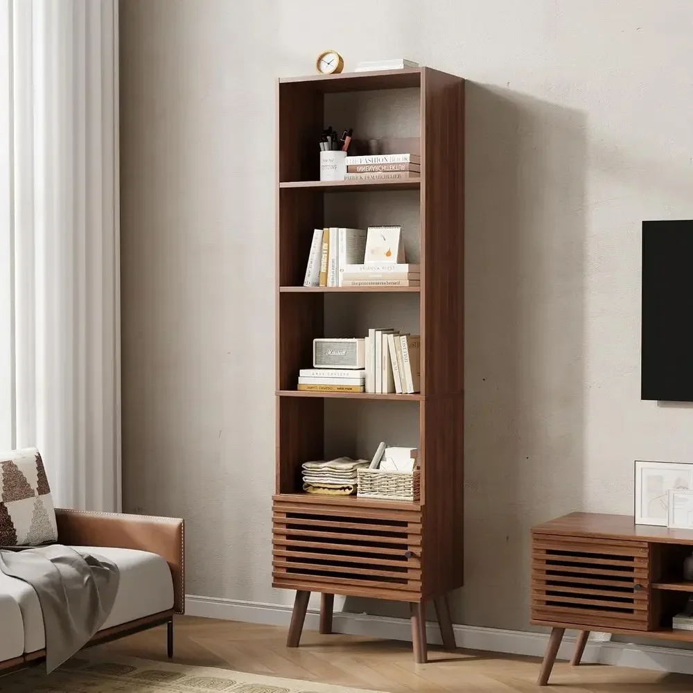68 Tall Standing Bookshelf, Slatted Door Narrow Cabinet with 5 Cubes, Mid-Century Modern Display Storage for Living Room or Home