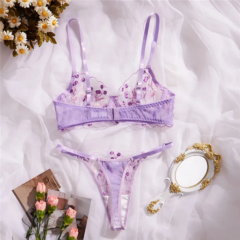 Women Sexy Bra Sets Lace Luxury Romantic Lingerie Transparent Underwear See Through Exotic Sets Embroidery Flowers Bra Brief Set