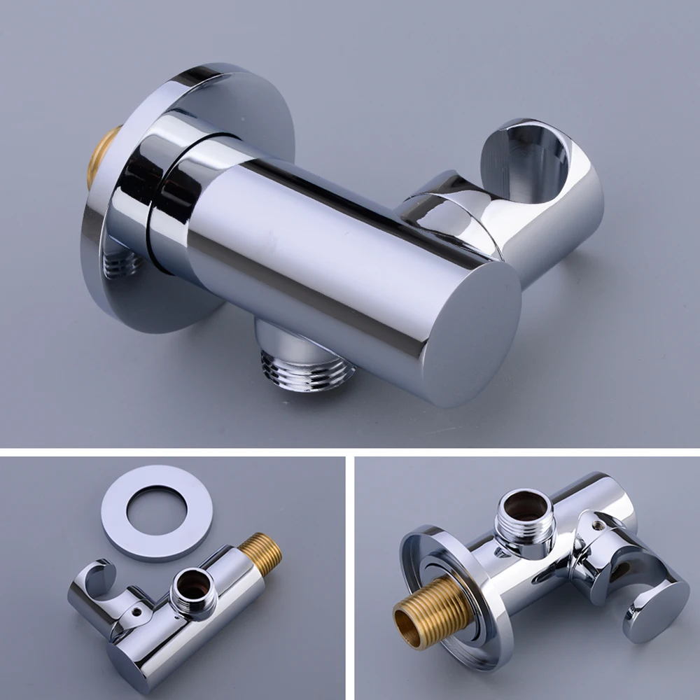 Solid Brass Chrome Shower Holder Wall Mounted Hand Held Shower Bracket & Hose Connector Spout Water Inlet Angle ValveG1/2